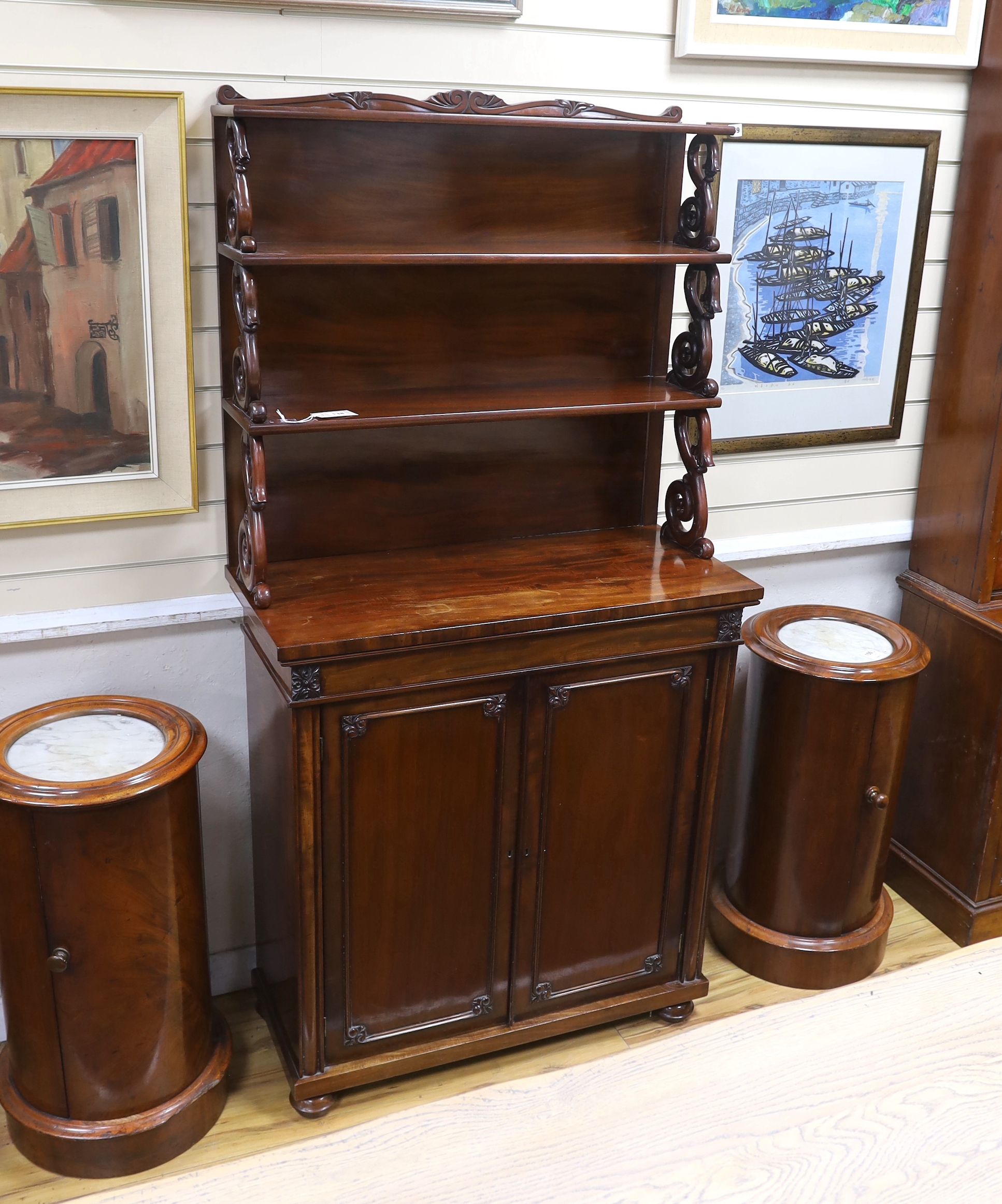 A Victorian mahogany chiffonier with graduated superstructure, width 87cm, depth 39cm, height 174cm